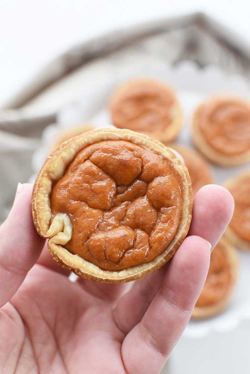 Mini muffin tin pumpkin pies are in-hand and unfrosted. 