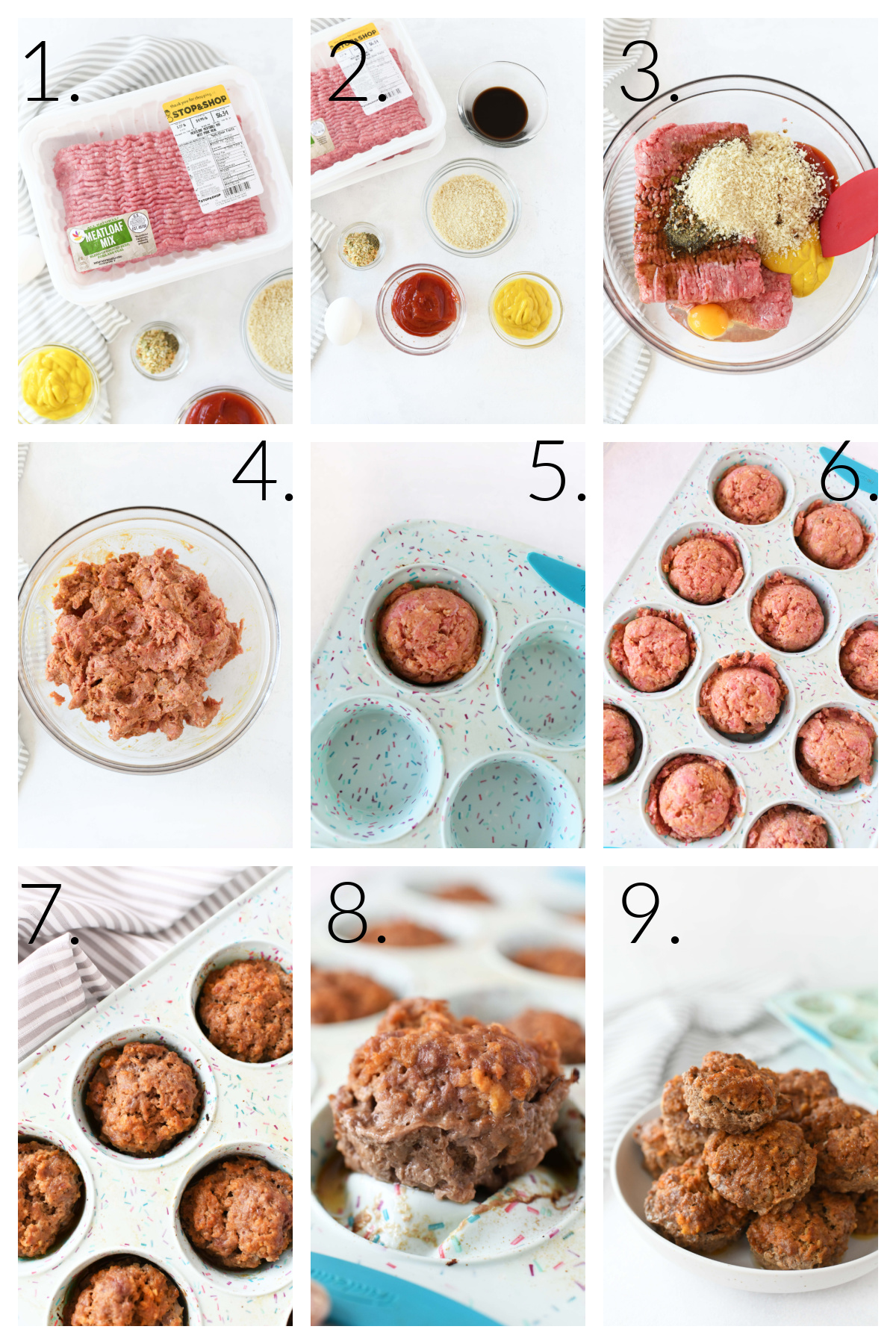 How to Make Muffin Tin Meatloaf - A Recipe collage that showcases the steps to making this meal from start to finish.