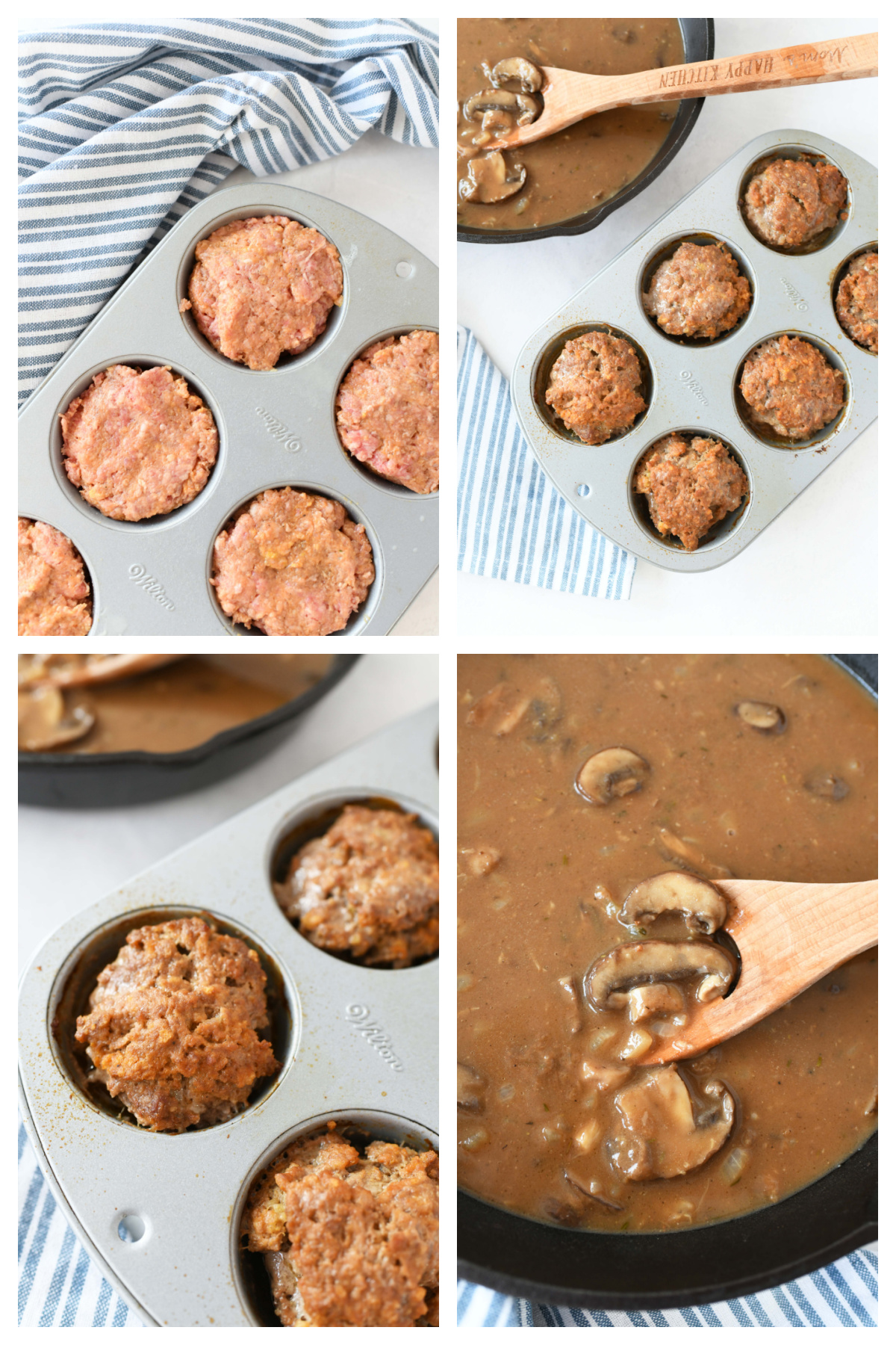 How to Make Muffin Tin Salisbury Steak Patties. A visual 4-image collage of the main steps to make these Salisbury Steak patties. 