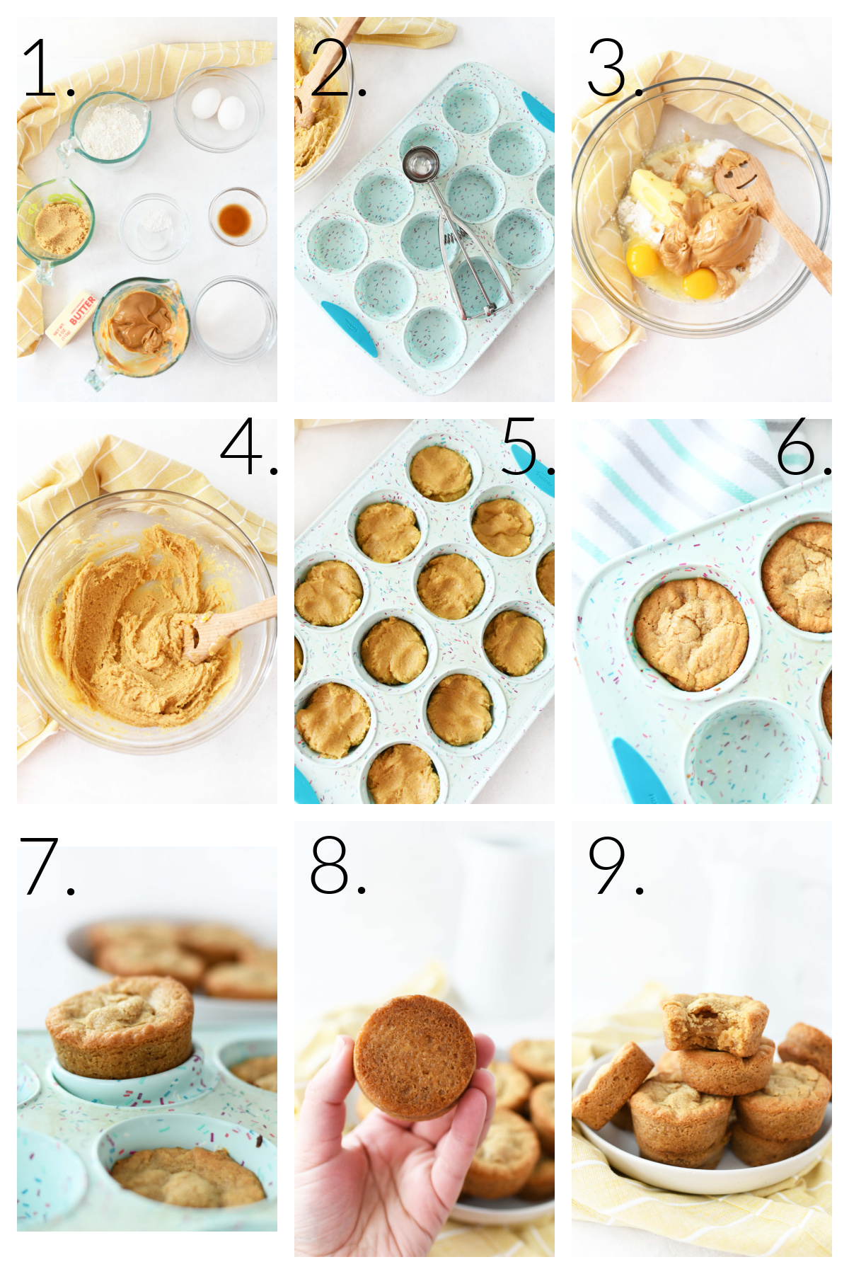 How to Make Peanut Butter Brownies in a Muffin Pan. A visual collage of 9 blocks that showcase the process steps. 