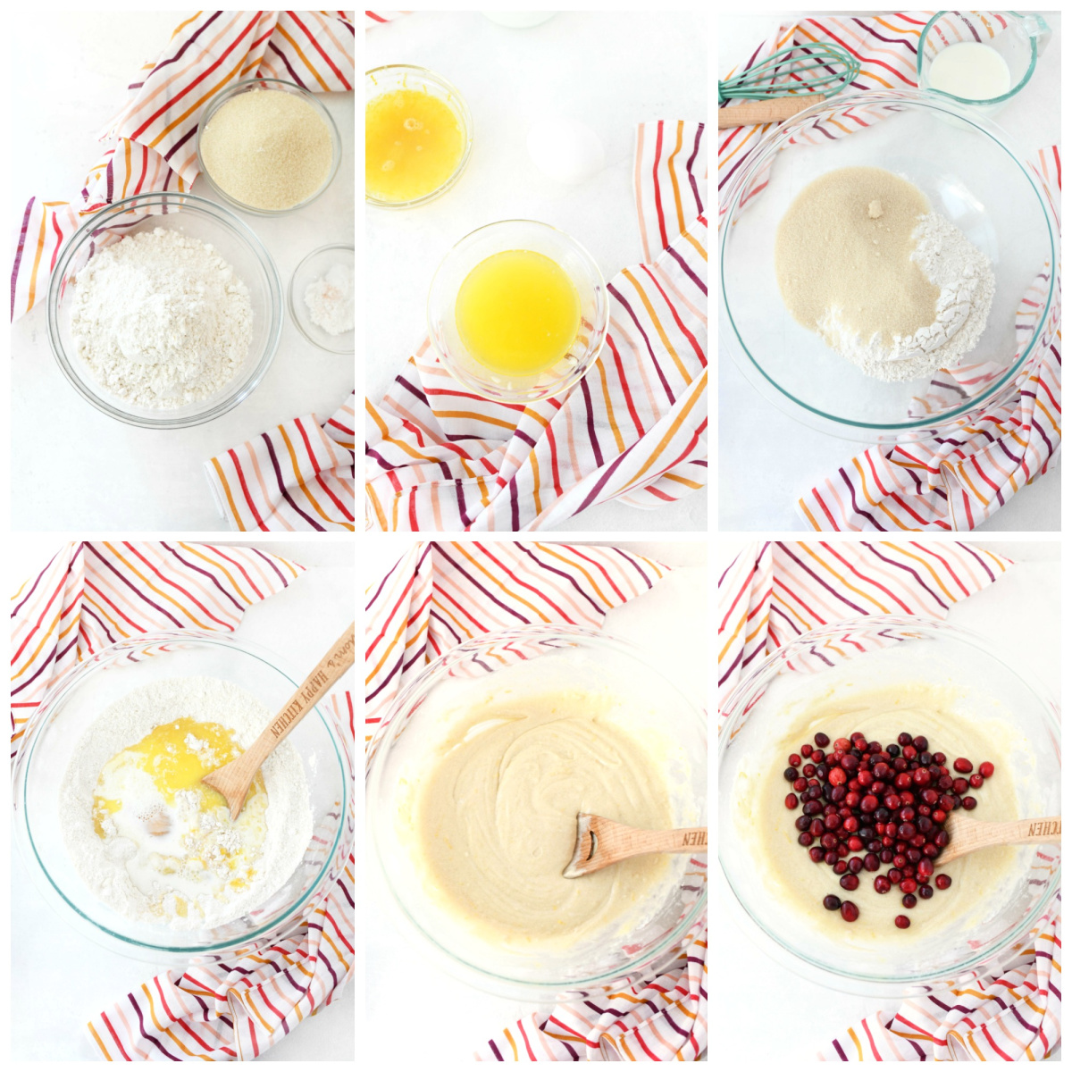 How to make Cranberry Orange Muffins- A step by step grid of the process of making this muffin batter.