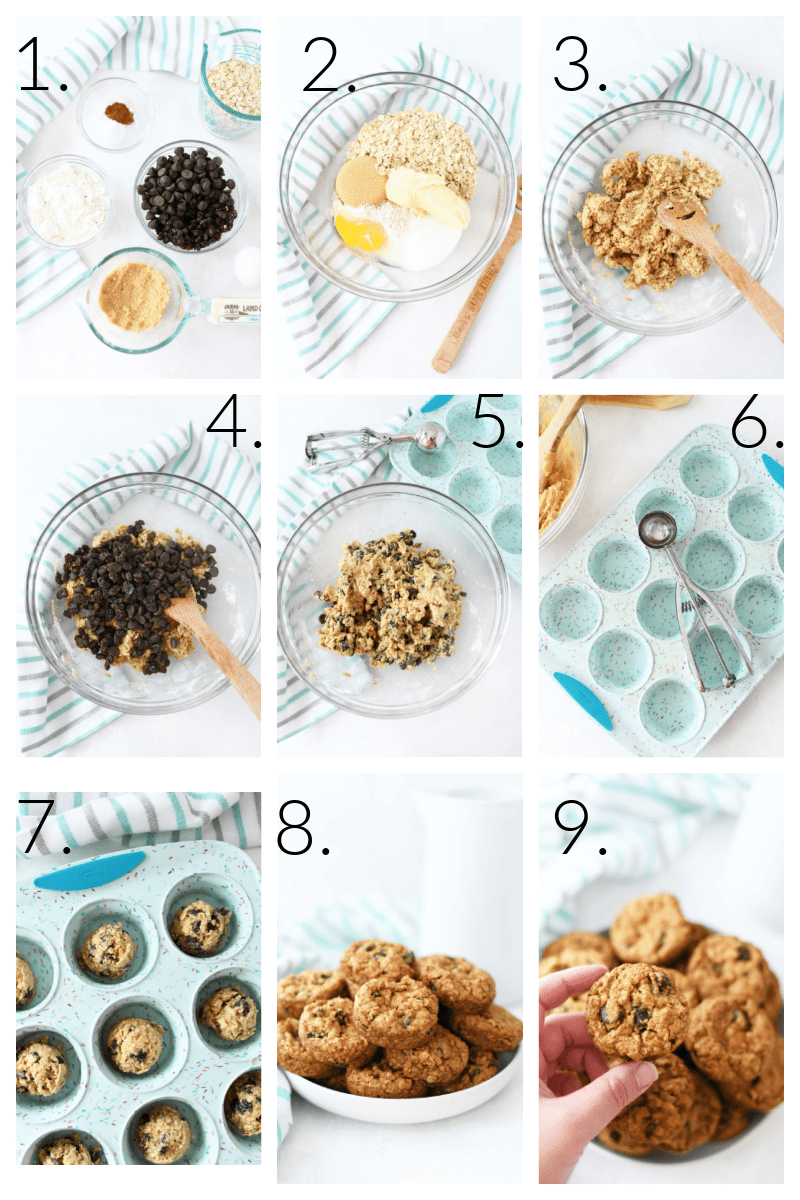 How to make Oatmeal Cookies in a Muffin pan. A numbered, visual collage of 9 images that showcase the process of making these cookies from ingredients to finished.