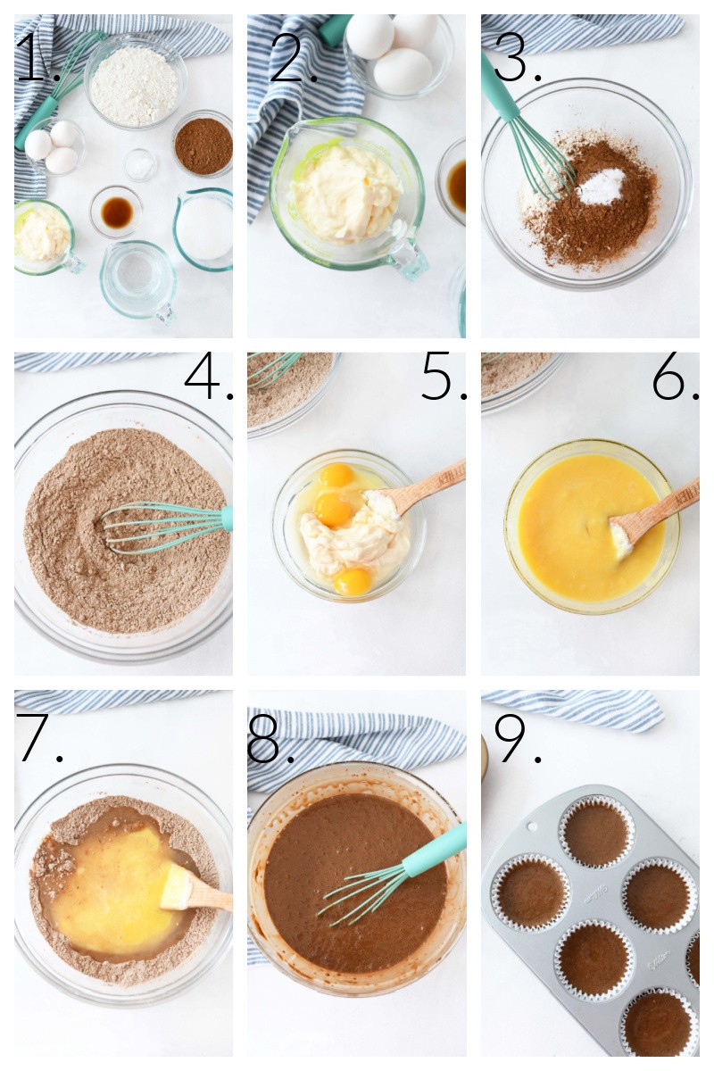 How to make chocolate mayo cupcakes. A numbered collage image that showcase the steps to make these cupcakes from start to finish.