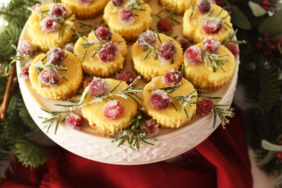 Mini festive cheesecakes with sugared cranberries and rosemary on a platter.